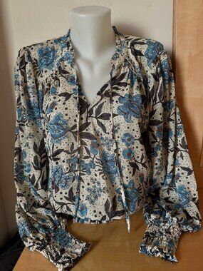 Joie Blue Floral Puff Sleeve Blouse (Women's Size M)